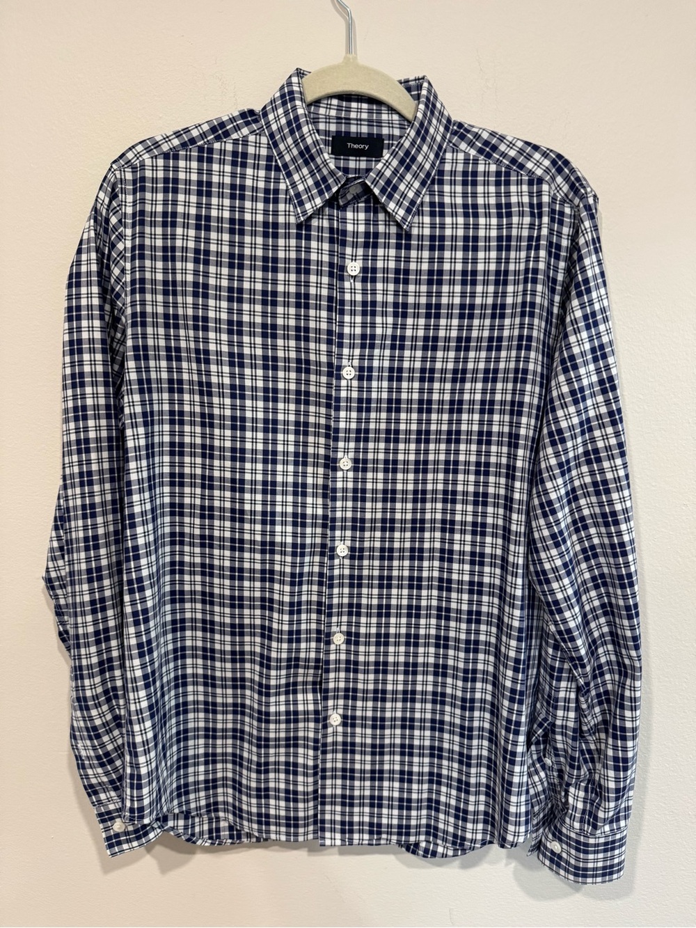 Theory Navy & White Plaid Dress Shirt